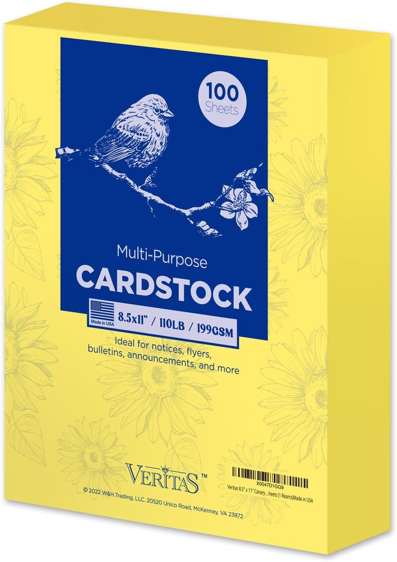 WritePads Veritas Yellow Colored Cardstock, 8.5" x 11" Colored Copy paper, 110LB/199GSM Printer Paper, 100 Sheets (1 Reams), Colored Multi-Purpose Paper, Made in USA - Image 1